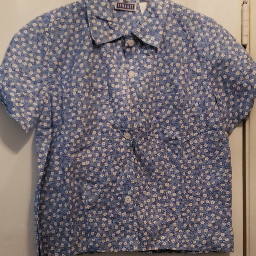 Flowery Blue, Green, & White Button-Down Blouse